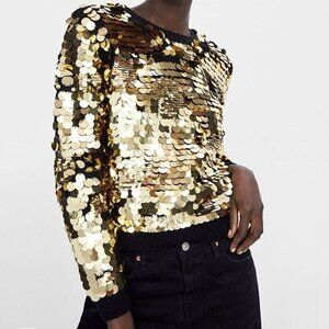 ZARA Gold Sequined Pailette Black Acrylic Glam Sweater Sz L